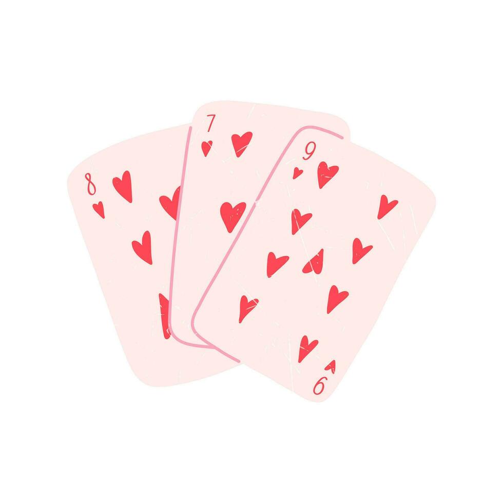 Hand drawn playing cards, flat vector illustration isolated on white background. Hearts cards as symbol of love and Valentines day. Drawing with grunge texture.