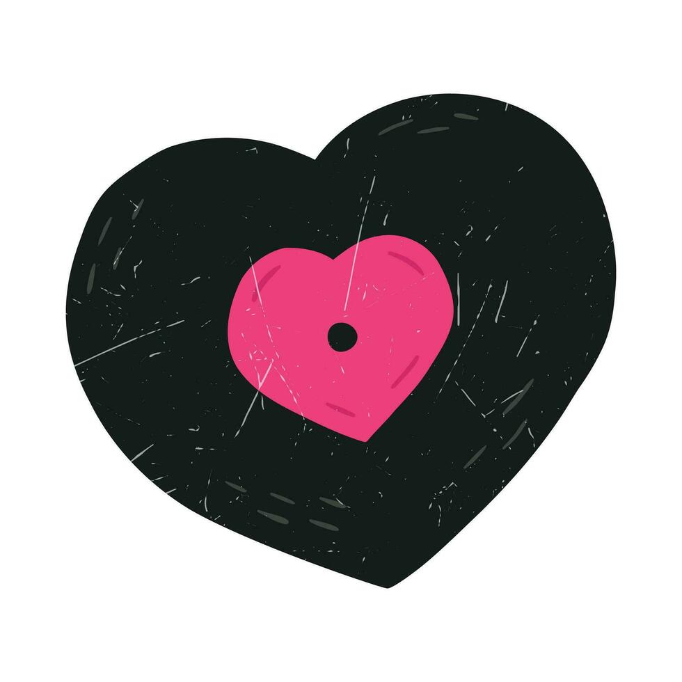 Vinyl disc in shape of heart, hand drawn flat vector illustration isolated on white background. Turntable disc with grunge texture. Concepts of love and Valentines day.