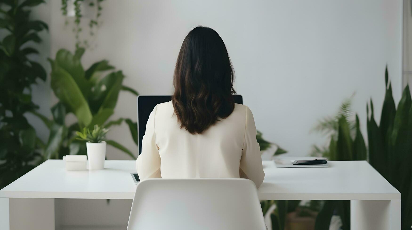 ai generado mujer de negocios a blanco escritorio verde plantas tranquilo oficina ambiente foto