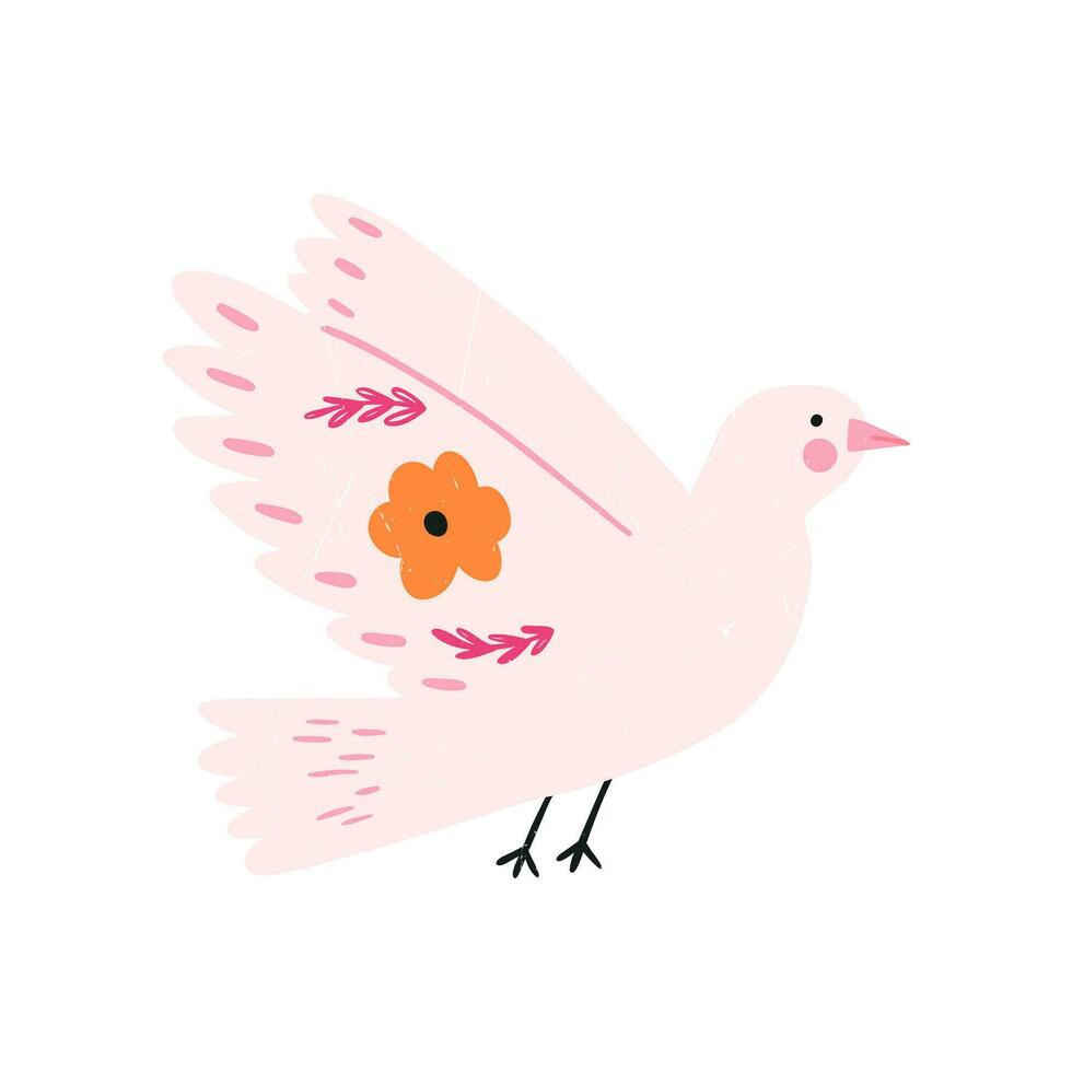 Dove with folk flowers, hand drawn cartoon flat vector illustration isolated on white background. Concepts of love and peace. Bird animal drawing with grunge texture.