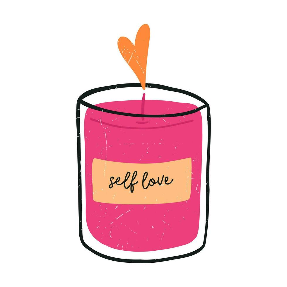 Hand drawn self love candle, cartoon flat vector illustration with grunge texture, isolated on white background. Cute candle with flame in shape of heart. Concepts of love and self care.