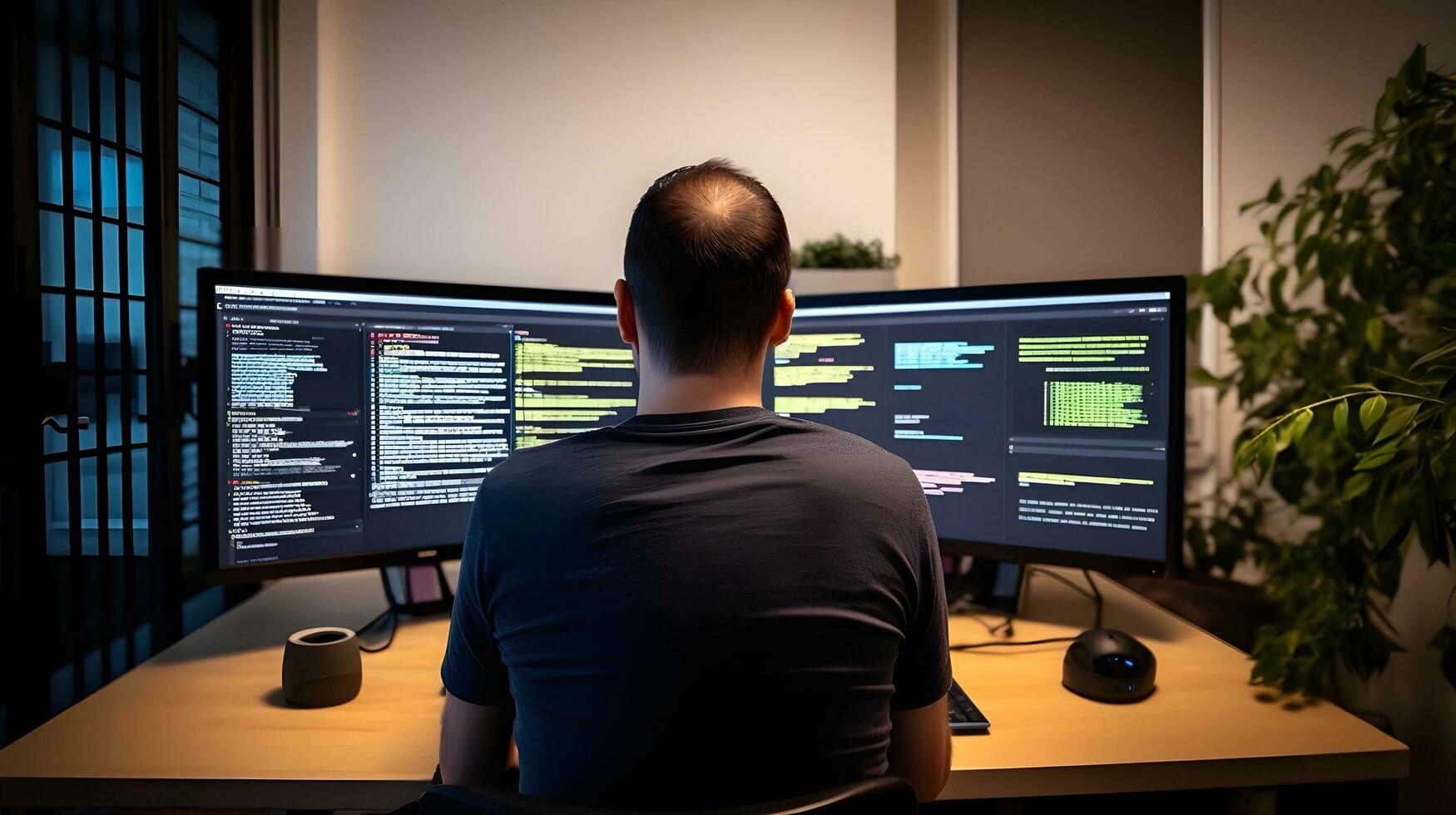 AI generated Software Developer Analyzing Code on Multiple Computer Screens photo