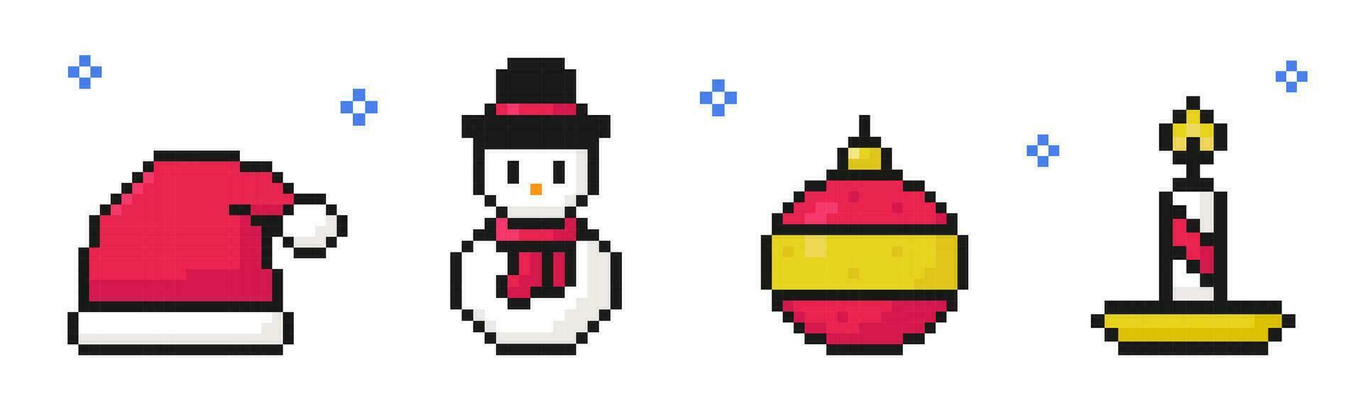 christmas pixel art set of icons, vintage, 8 bit, 80s, 90s games, computer arcade game items, hat, snowman, ball, candle vector illustration