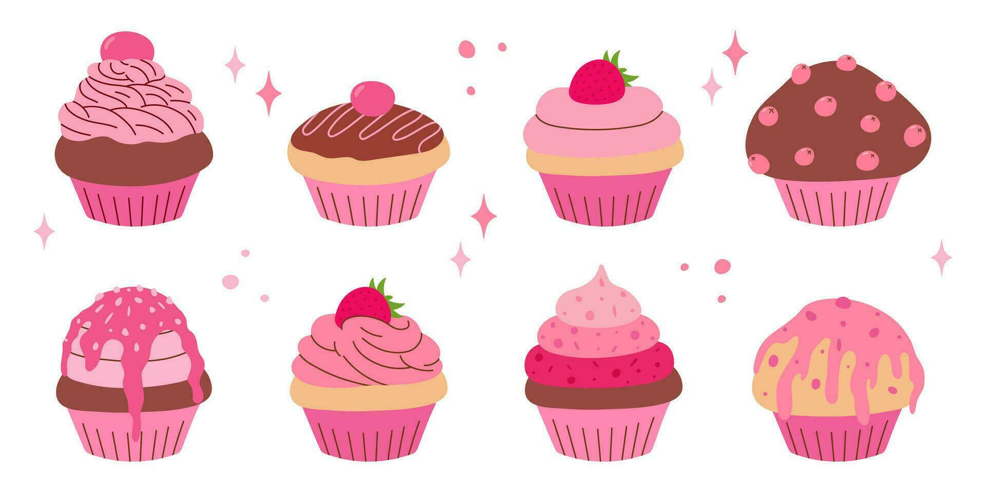 pink cupcakes set, vanilla and chocolate muffins, sugar, icing, whipped cream, strawberry, berries, sweet food vector illustration