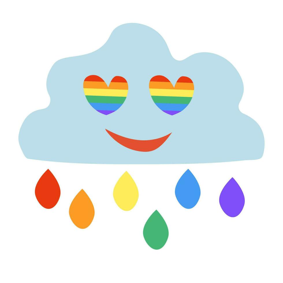 LGBT smile cloud with drops and eyes hearts. LGBTQ. Symbol of the LGBT pride community. Rainbow. Vector flat illustration.