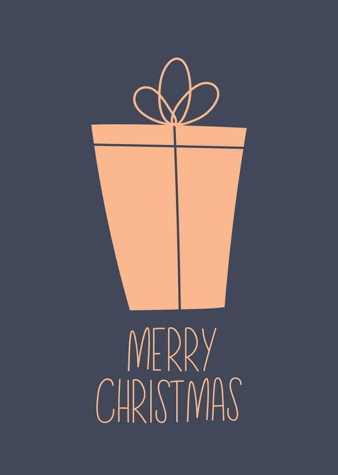 Hand drawn Christmas card with gift box and lettering. Vector simple