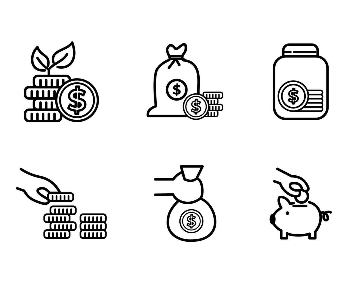 set of money coin and piggybank icon or money saving concept vector