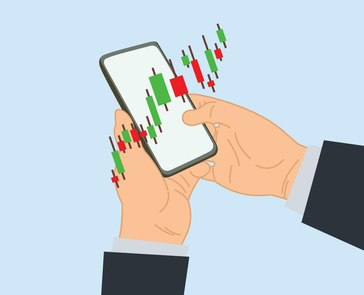 businessman checking stock market graph chart in a smartphone or businessman hand holding a phone with investment candlestick on smartphone screen vector