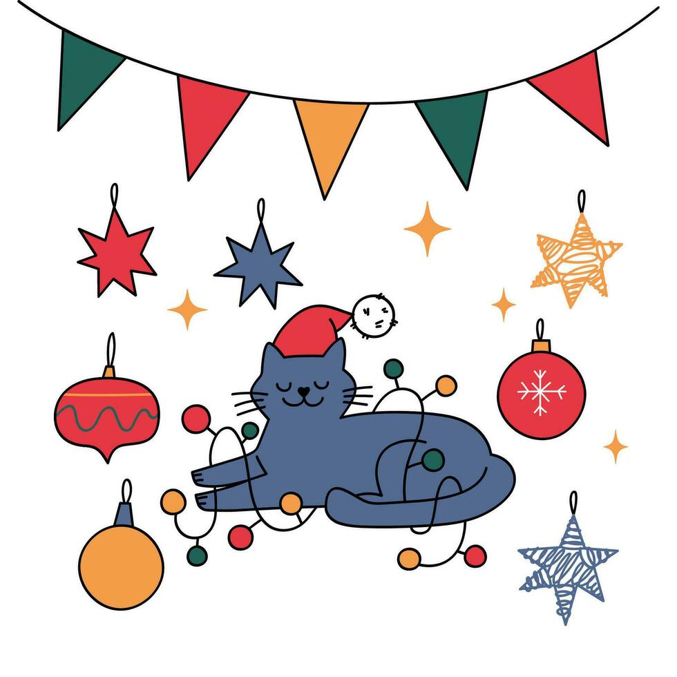 Christmas postcards with cute doodle elements.Cute fanny Christmas cats. vector