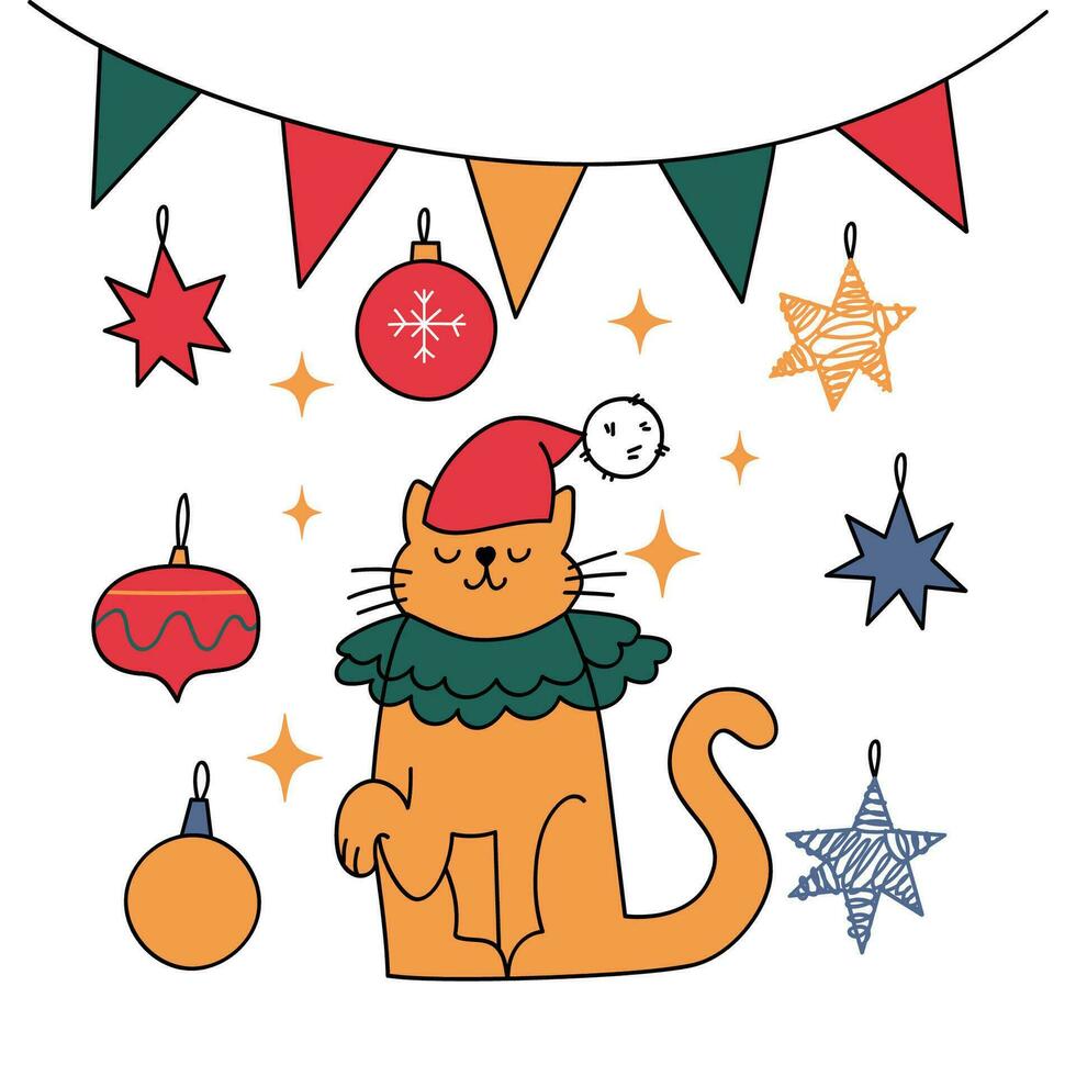 Christmas postcards with cute doodle elements.Cute fanny Christmas cats. vector