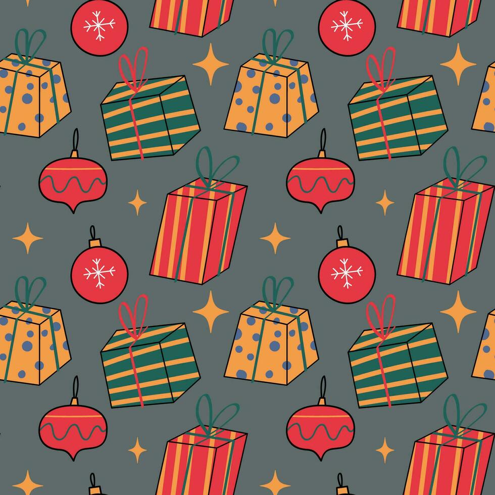 The Christmas pattern with elements - Christmas trees, gifts, stars, snowflakes, and ornaments. The hand-drawn element. Seamless pattern for wrapping paper, textile prints, and background designs. vector