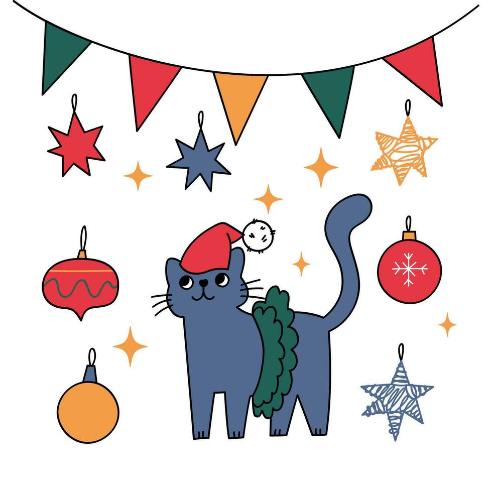 Christmas postcards with cute doodle elements.Cute fanny Christmas cats. vector