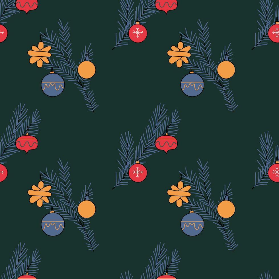 The Christmas pattern with elements - Christmas trees, gifts, stars, snowflakes, and ornaments. The hand-drawn element. Seamless pattern for wrapping paper, textile prints, and background designs. vector