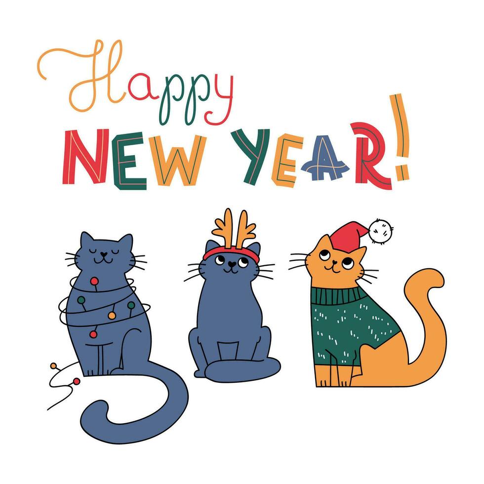 Navidad postales con linda garabatear elementos.lindo coño Navidad gatos vector