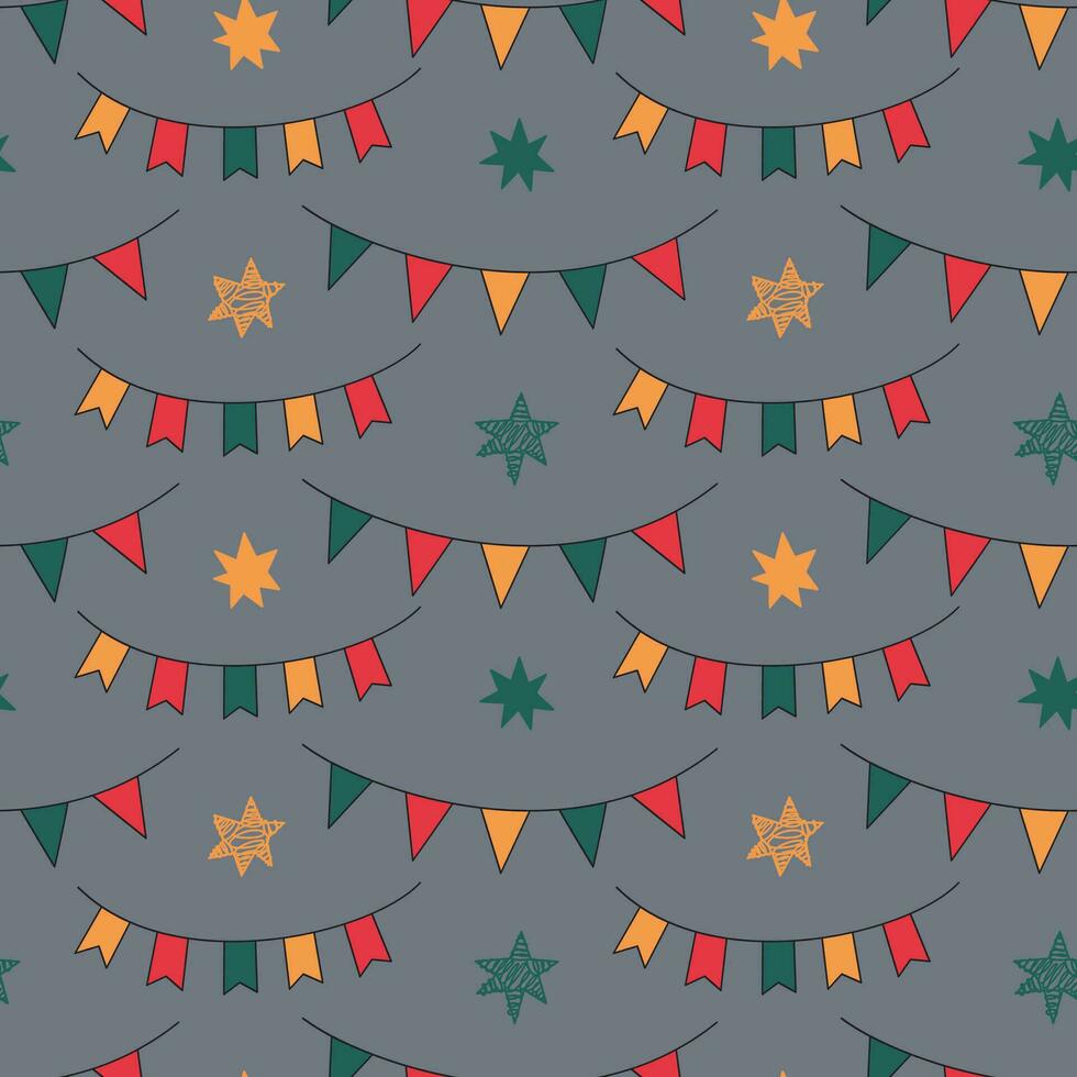 The Christmas pattern with elements - Christmas trees, gifts, stars, snowflakes, and ornaments. The hand-drawn element. Seamless pattern for wrapping paper, textile prints, and background designs. vector