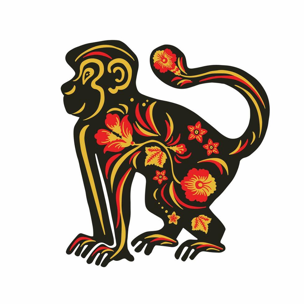 Monkey with retro colored red and yellow ethno vector illustration eps 10