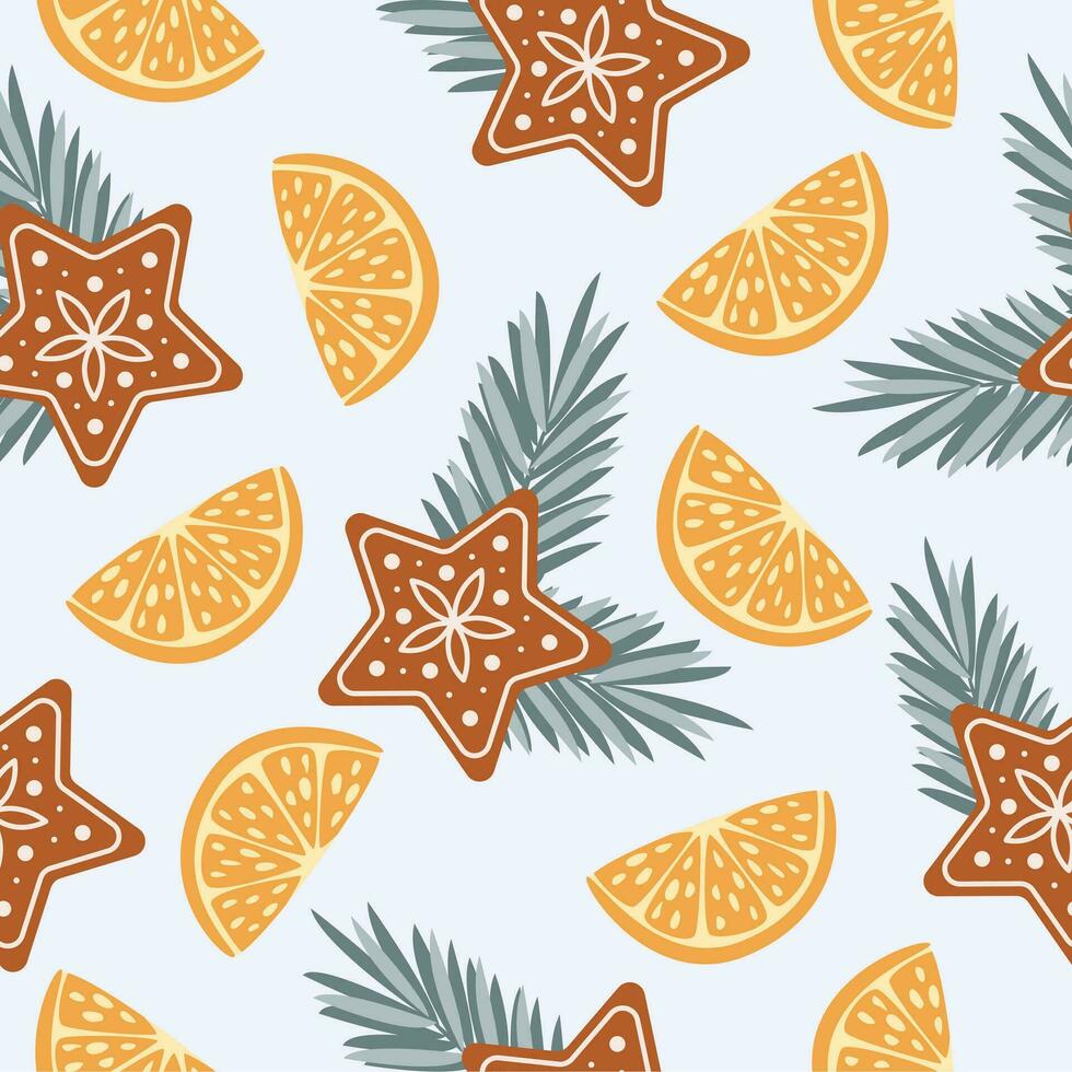 Seamless pattern with orange, brunches and cookies vector