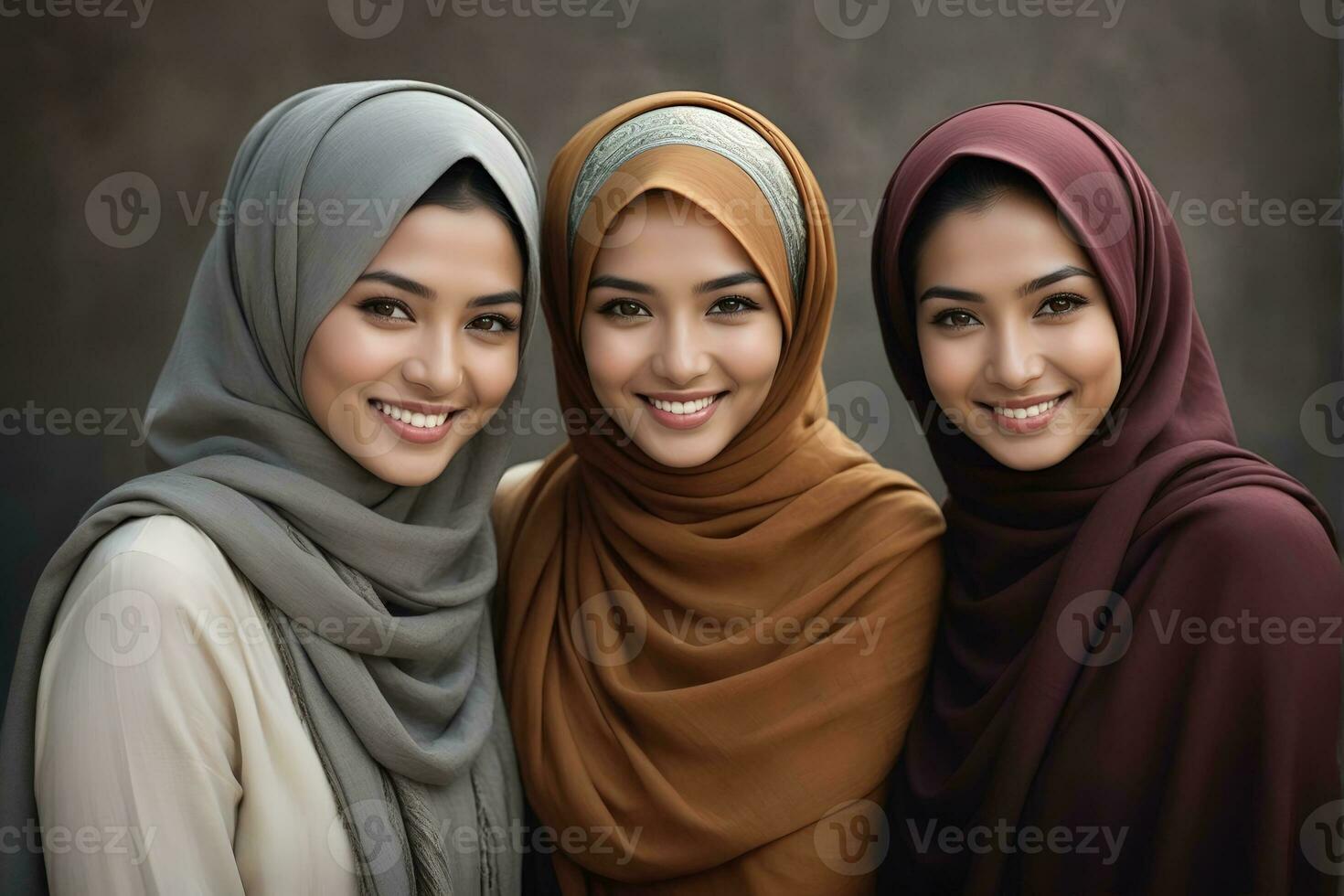 ai generado hermosa grupo de musulmanes mujer sonriente y riendo vistiendo un hijab y decorado chal foto