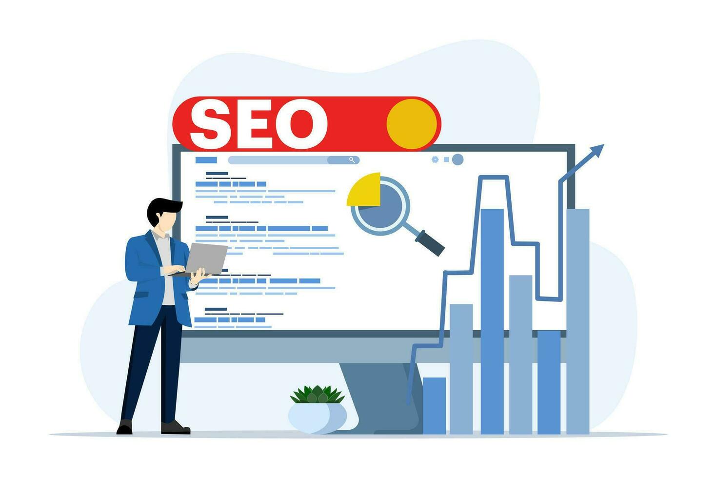 SEO ranking position change concept, search screen page with magnifying glass, Flat design style vector illustration, SEO, Search Engine Optimization, Top ranking concept, Flat Vector illustration.