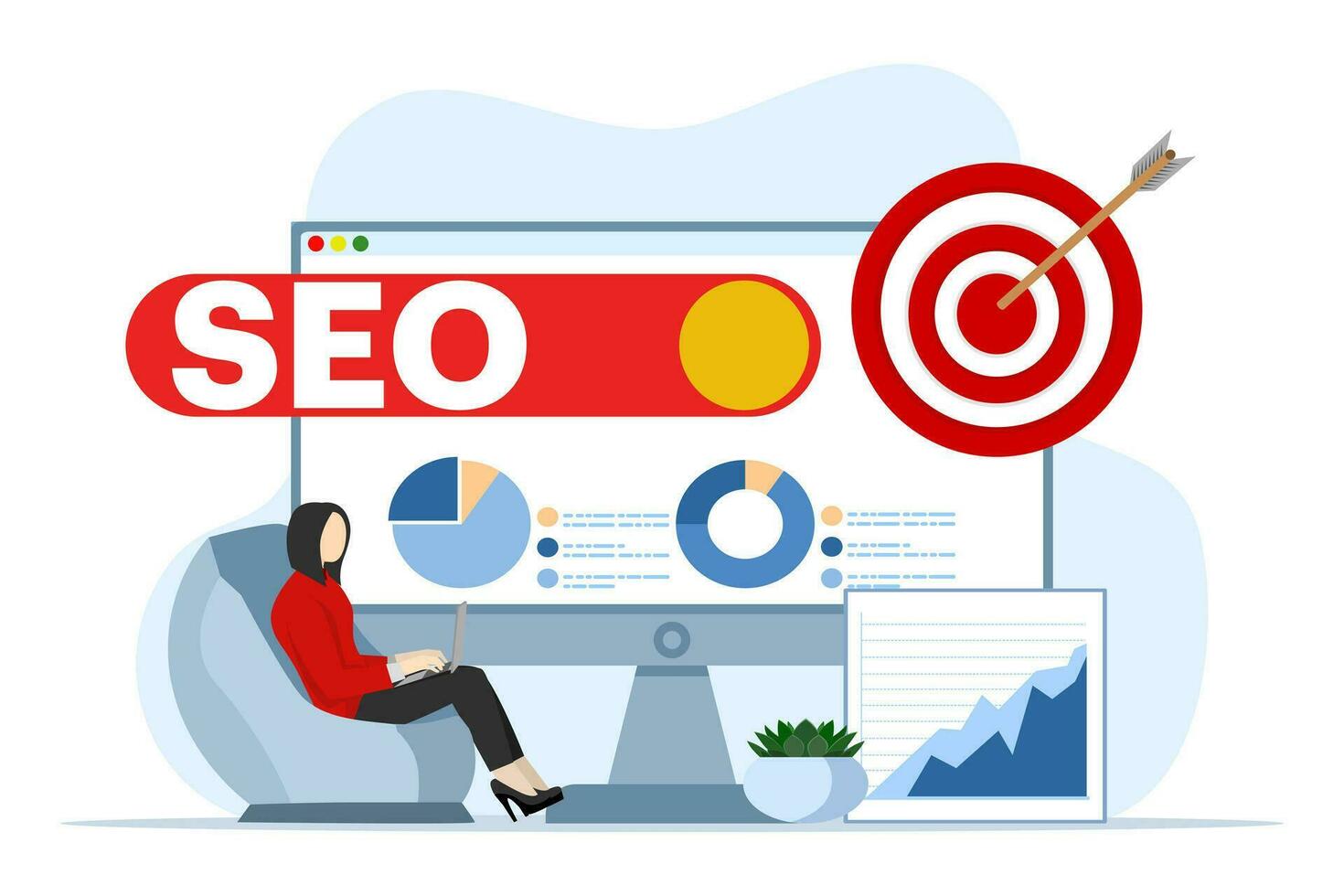 SEO ranking position change concept, search screen page with magnifying glass, Flat design style vector illustration, SEO, Search Engine Optimization, Top ranking concept, Flat Vector illustration.