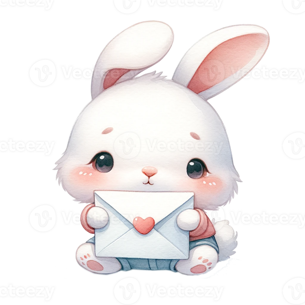 AI generated Bunny hold big love envelope watercolor illustration . .AI Generate png