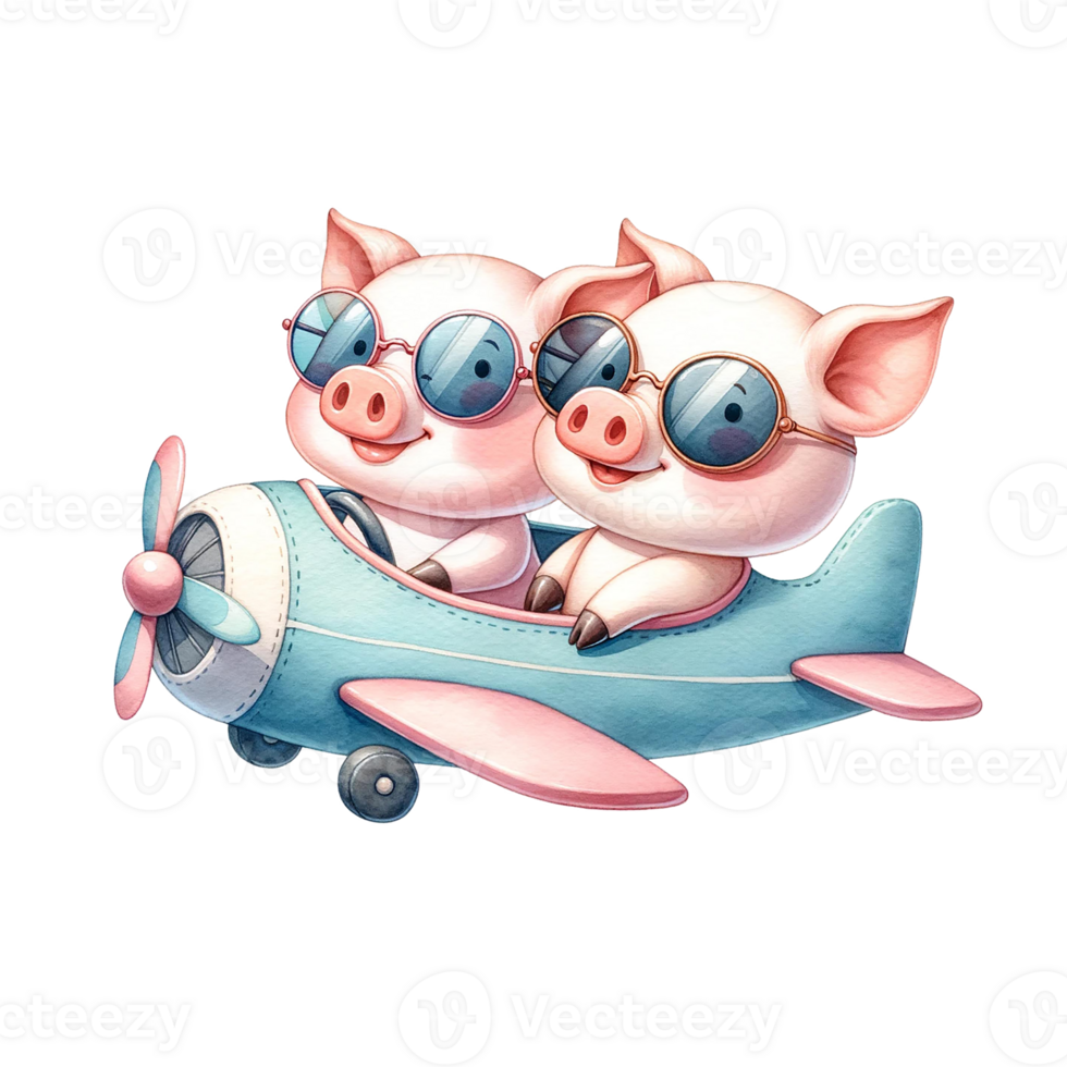 AI generated Couple piggy  in airplane watercolor illustration.AI Generate png