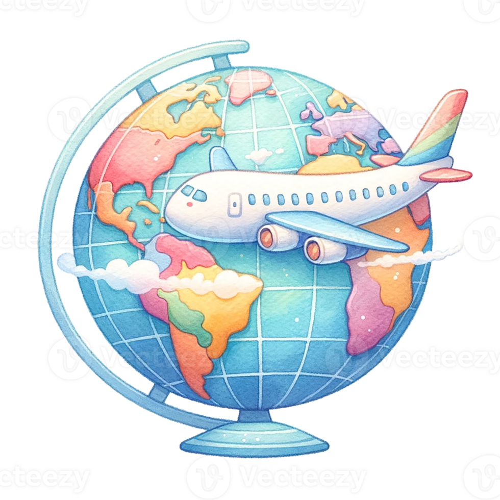 AI generated Cute globe with an airplane encircling watercolor illustration.AI Generate png