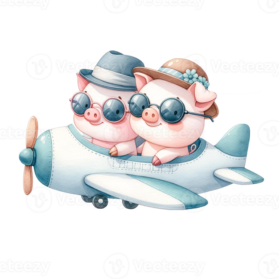 AI generated Couple piggy  in airplane watercolor illustration.AI Generate png