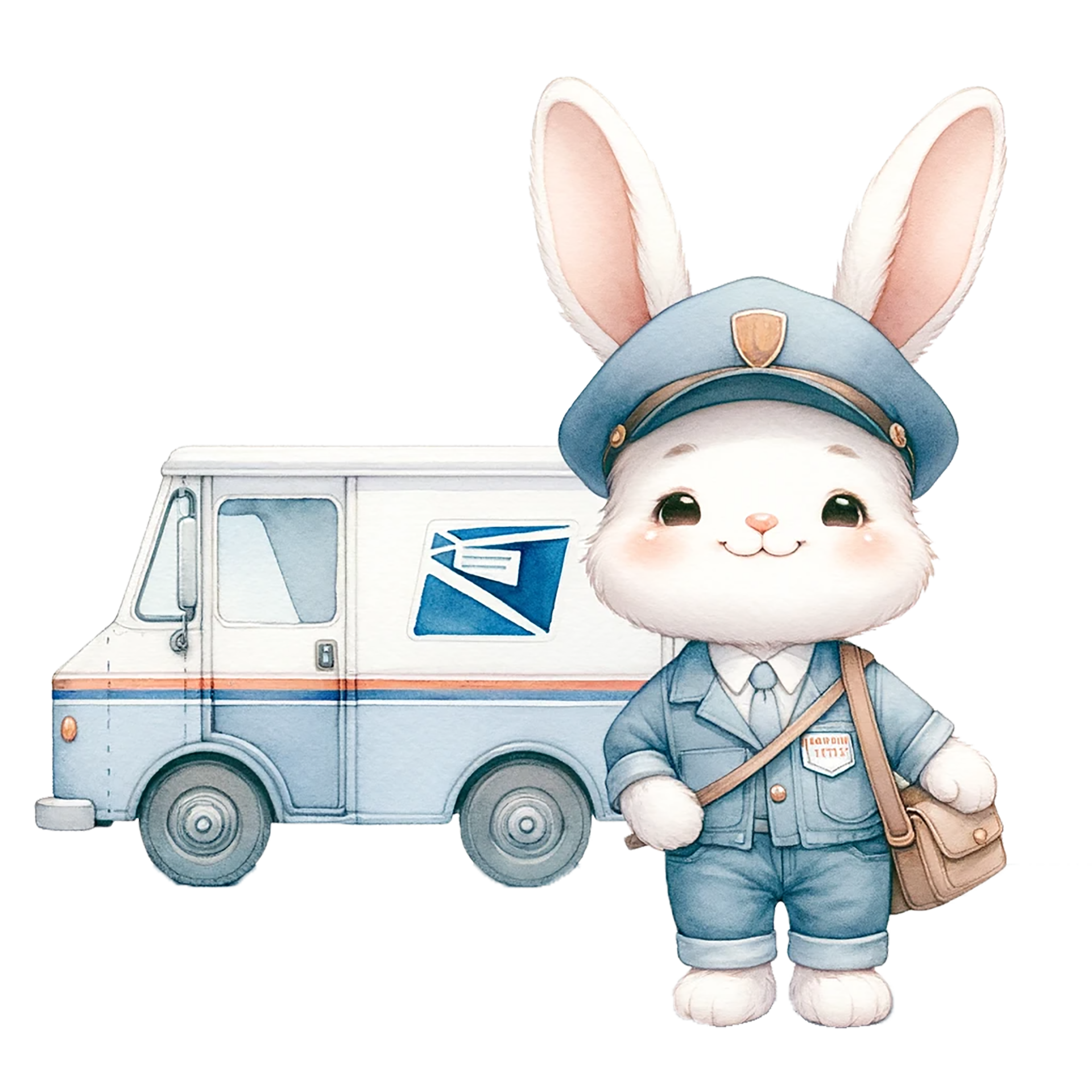 AI generated bunny like a postman sending love envelope by mail truck