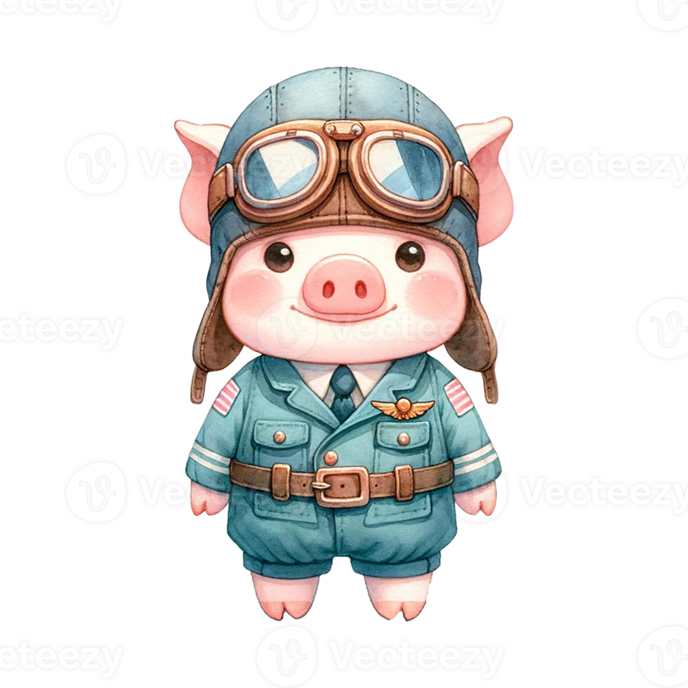 AI generated Cute piggy  wear pilot suit and pilot goggles watercolor illustration.AI Generate png