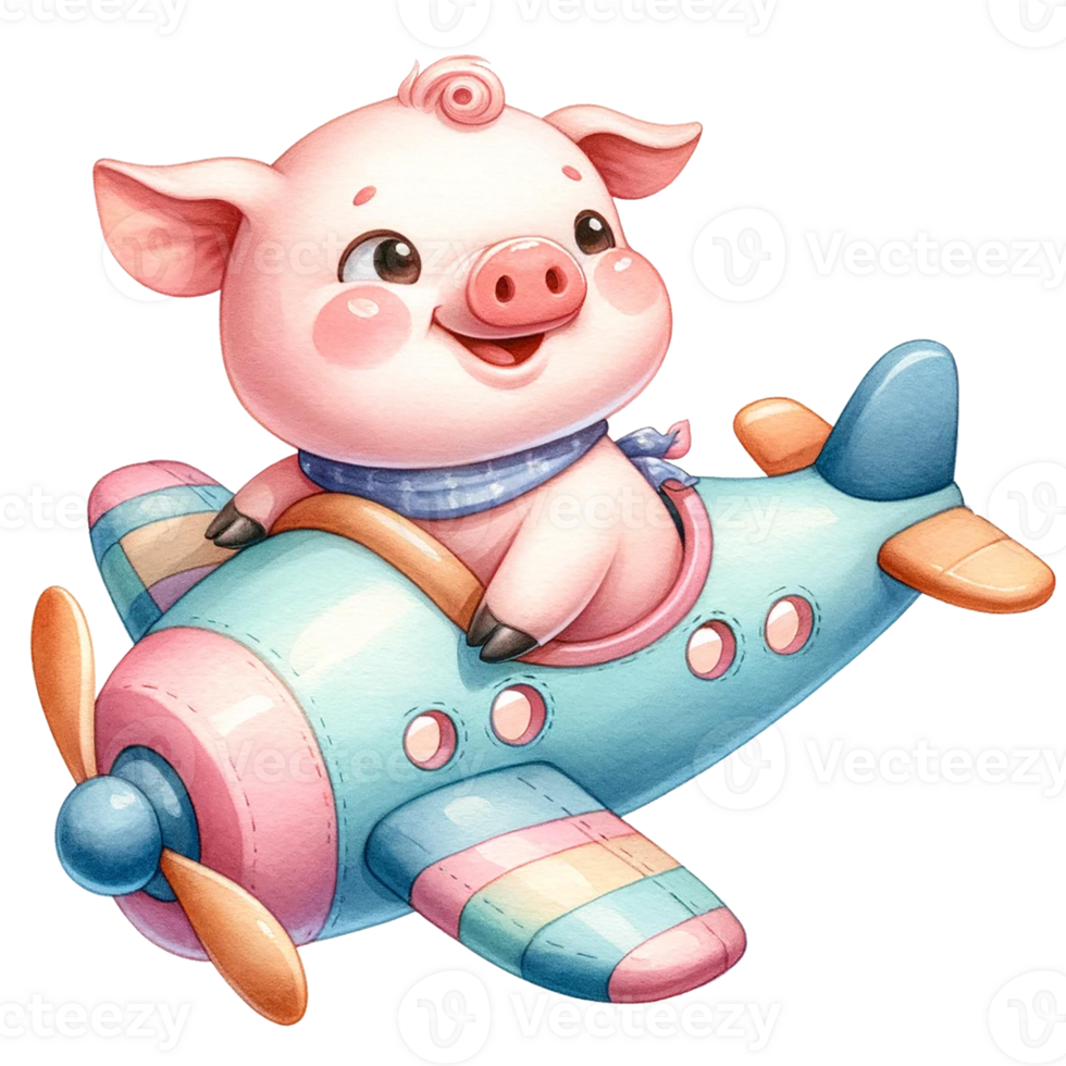 AI generated cute pig pilot on airplane watercolor illustration.AI Generate png