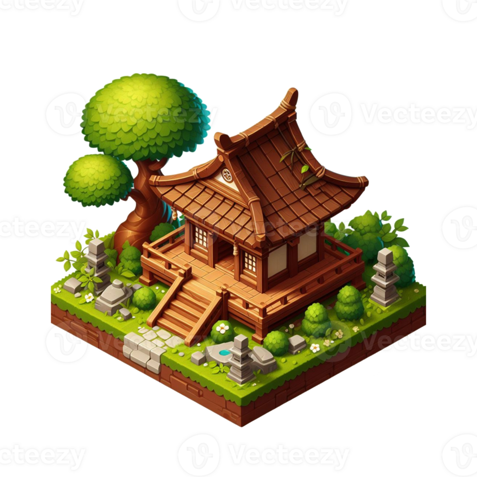 cute small forest zen wood temple, 3d game isometric, detailed. Pro PNG