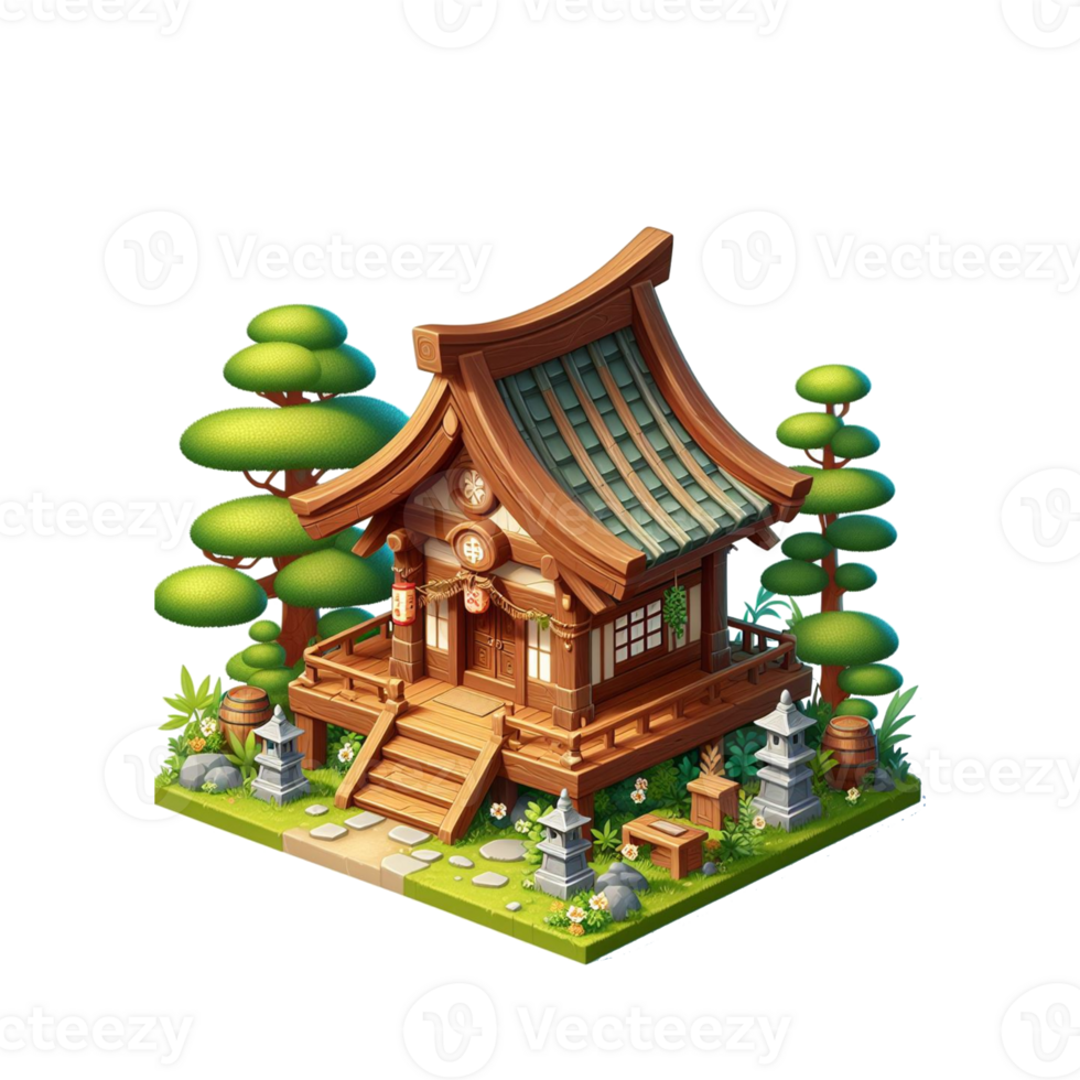 schattig klein Woud zen hout tempel, 3d spel isometrisch, gedetailleerd. PNG pro