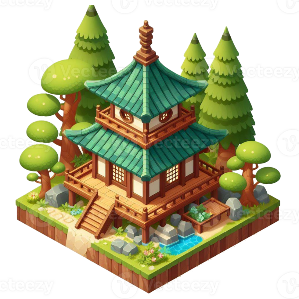 cute small forest zen wood temple, 3d game isometric, detailed. PNG Pro