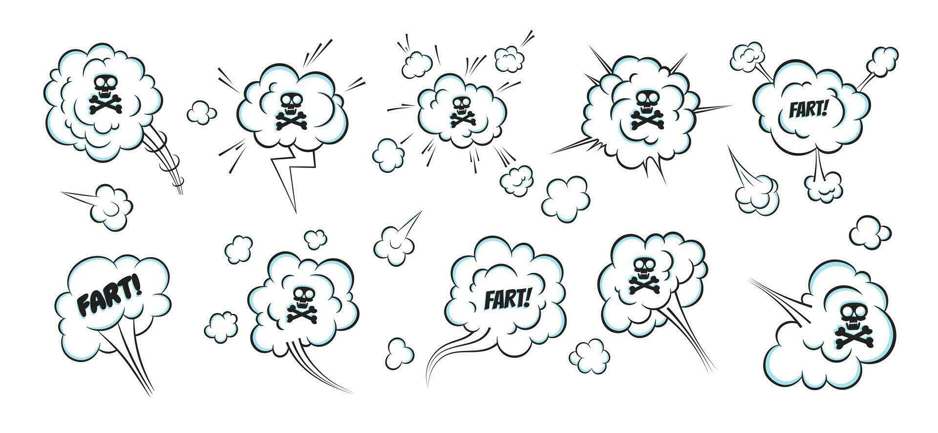 Smelling pop art comic book cartoon fart cloud flat style design vector illustration set.