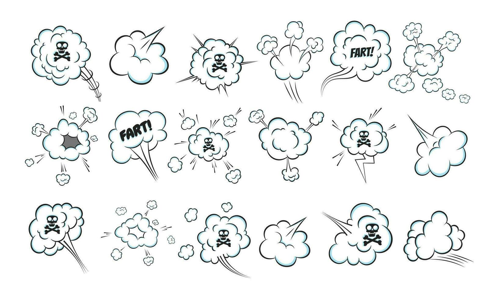 Smelling pop art comic book cartoon fart cloud flat style design vector illustration set.