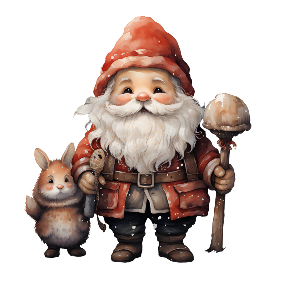 AI generated Watercolor of chubby cute elderly Santa Claus with brown rabbit bunny on transparent. AI Generated png