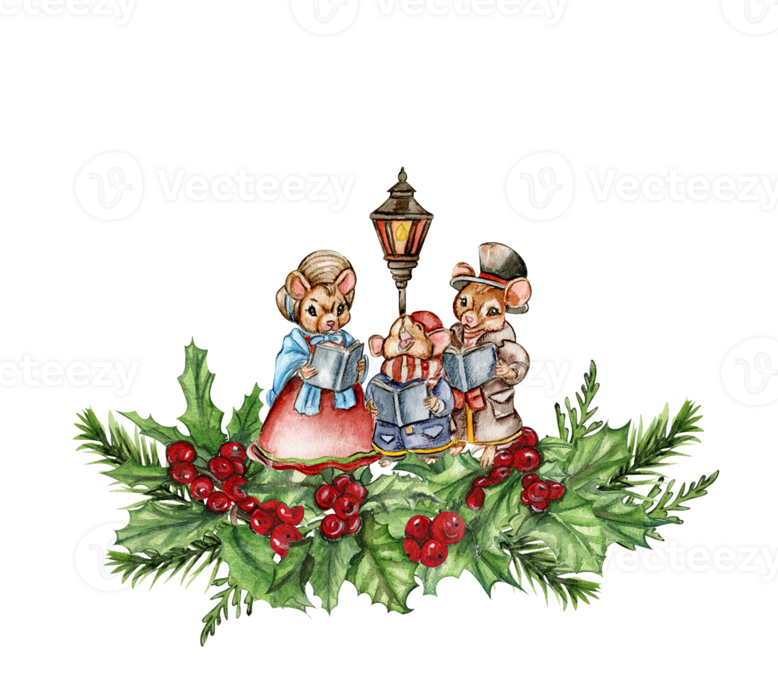 Watercolor Christmas mice in cartoon style composition. png