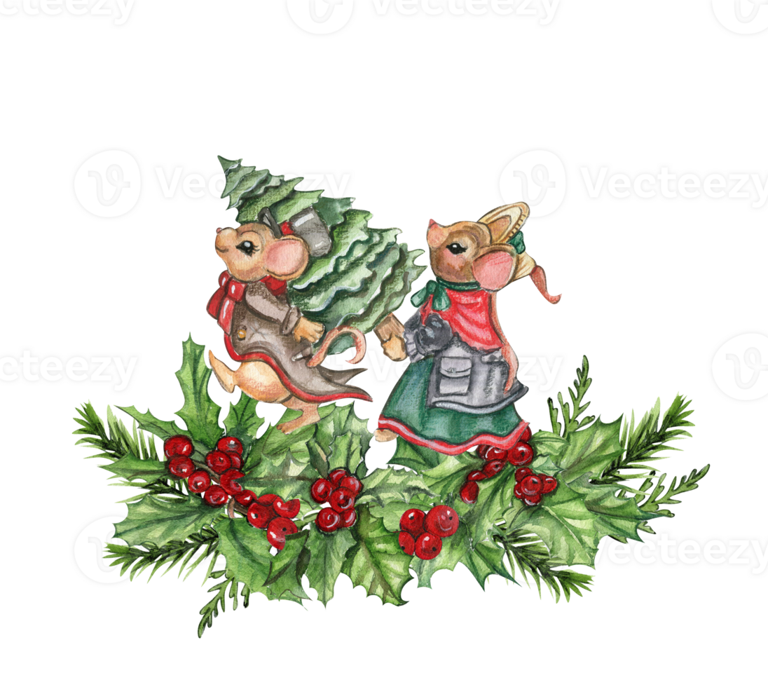 Watercolor Christmas mice in cartoon style composition. png