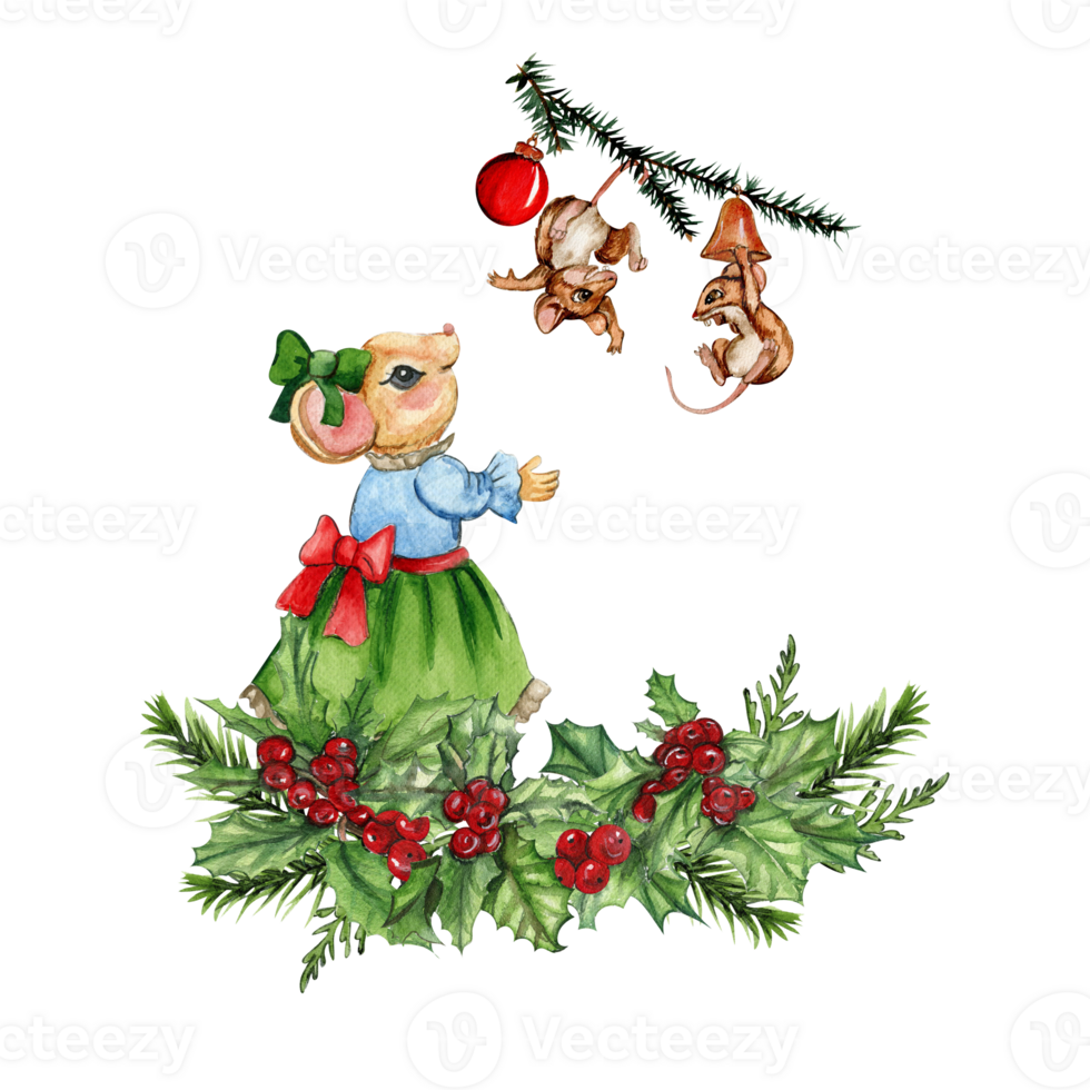 Watercolor Christmas mice in cartoon style composition. png