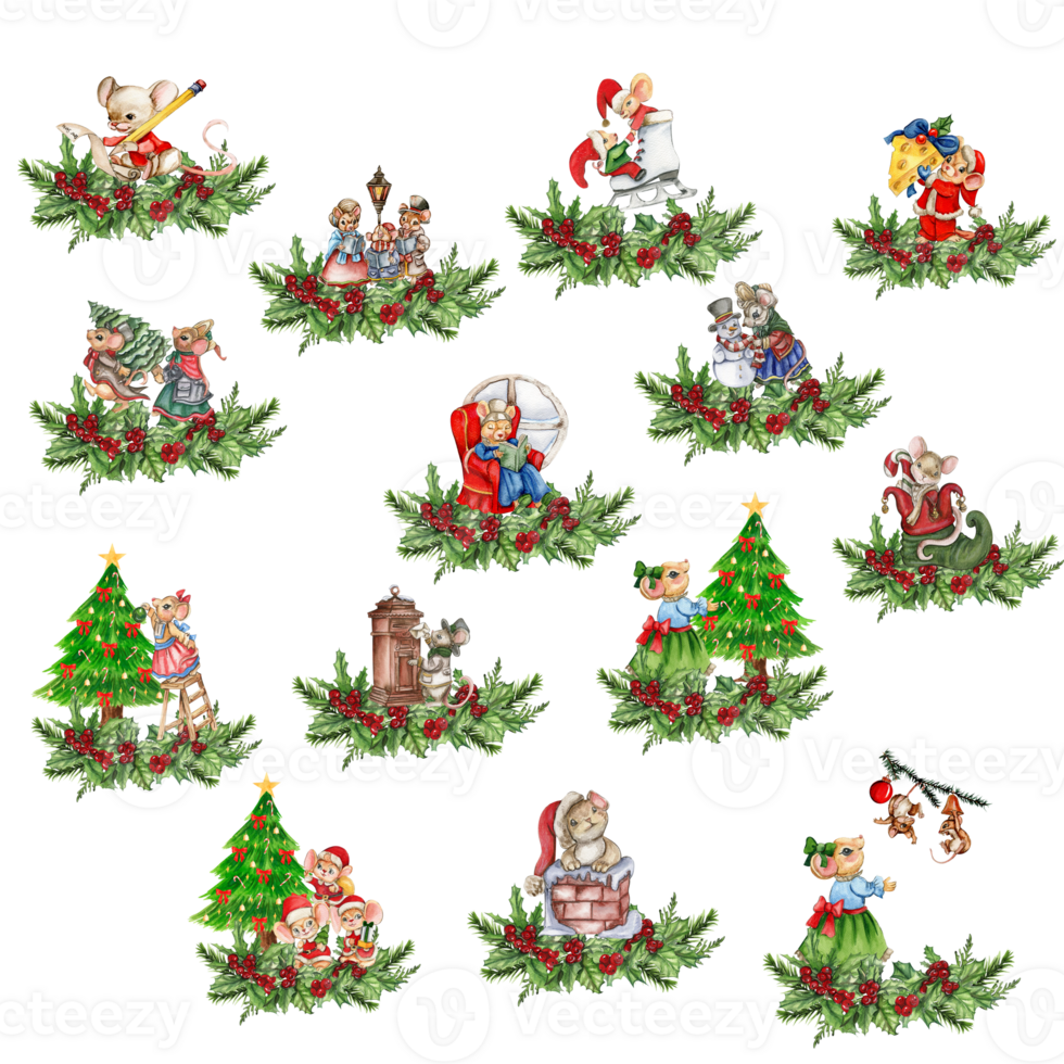 Watercolor Christmas mice in cartoon style composition. png