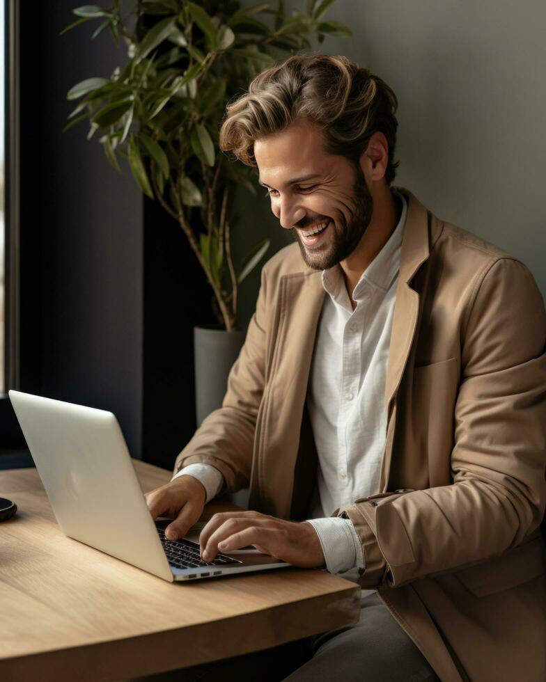 ai generado un retrato de un hombre mirando abajo a un ordenador portátil y sonriente foto