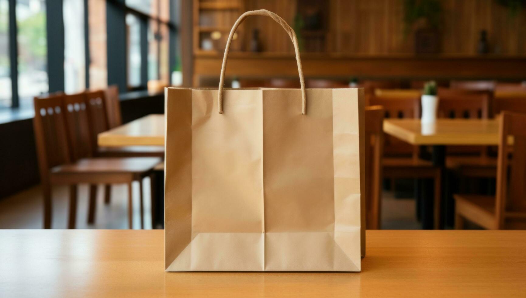 AI generated brown paper paper bag flat on a wooden table photo