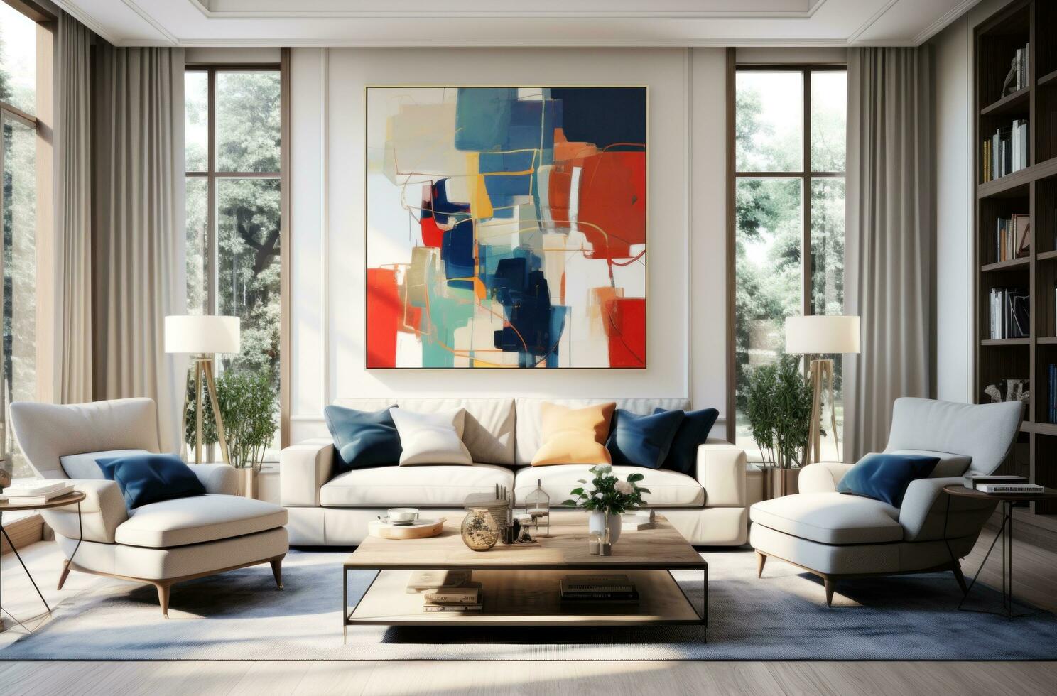 ai generado contemporáneo vivo habitación con grande ventanas y un moderno pintura foto
