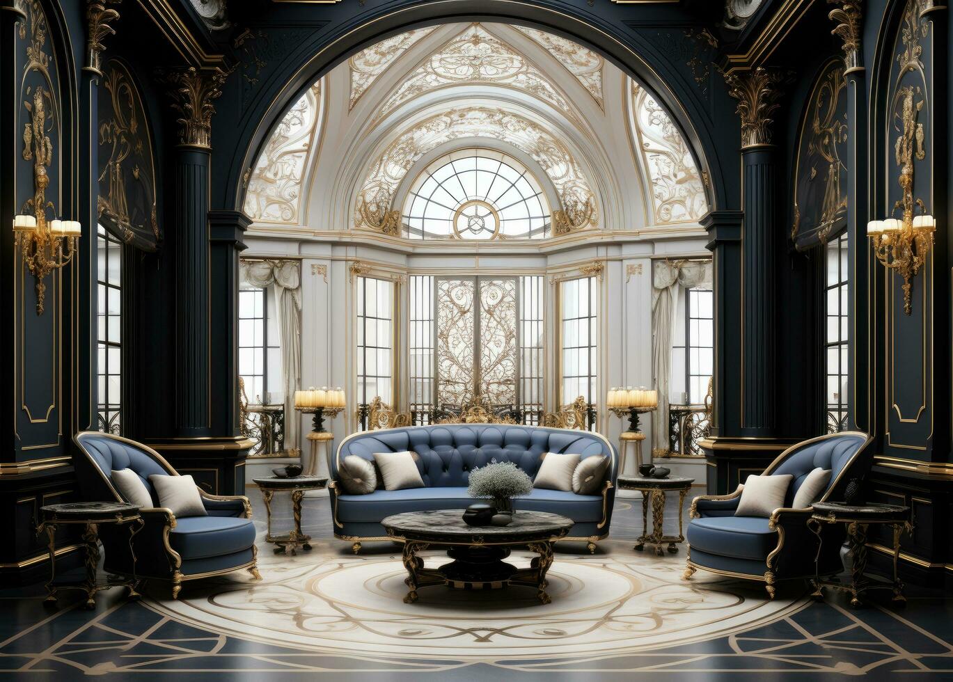 AI generated interior with gold, blue, gold photo