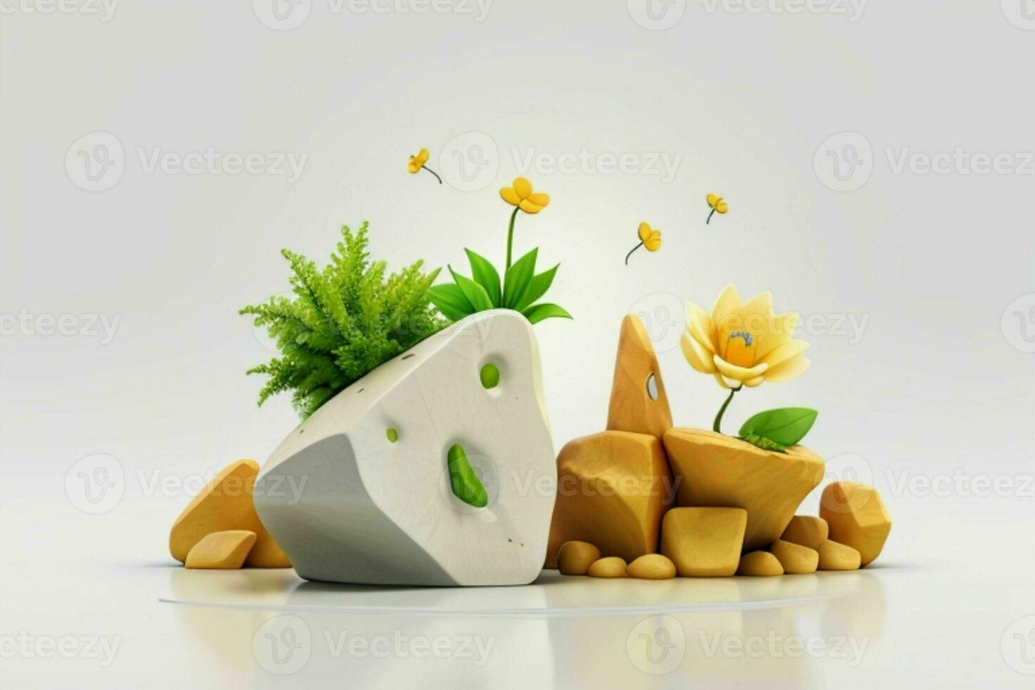 AI generated 3D display podium stone with flowers, green leaves, and rock for Presentation of the product. Pro Photo