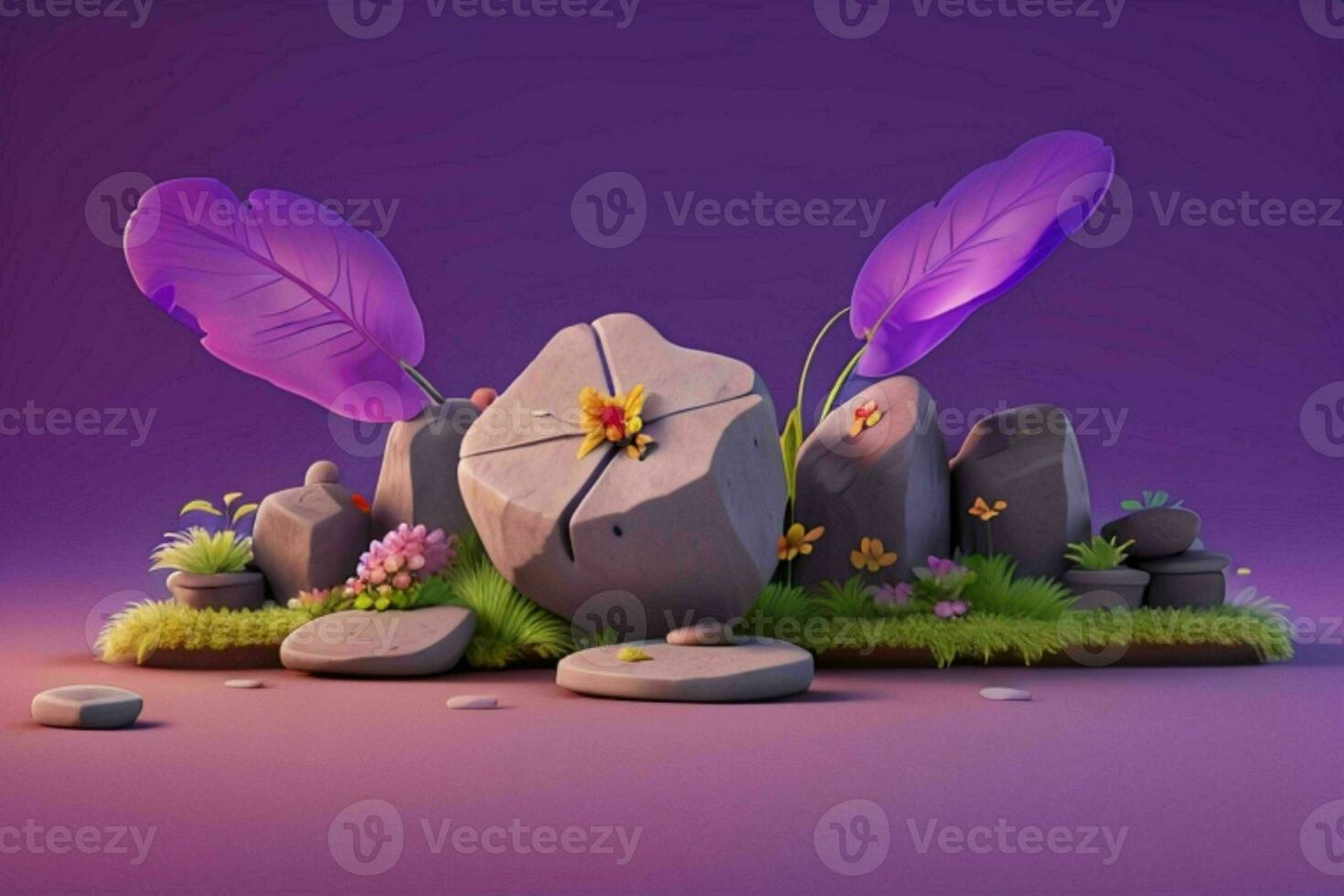 AI generated 3D display podium stone with flowers, green leaves, and rock for Presentation of the product. Pro Photo