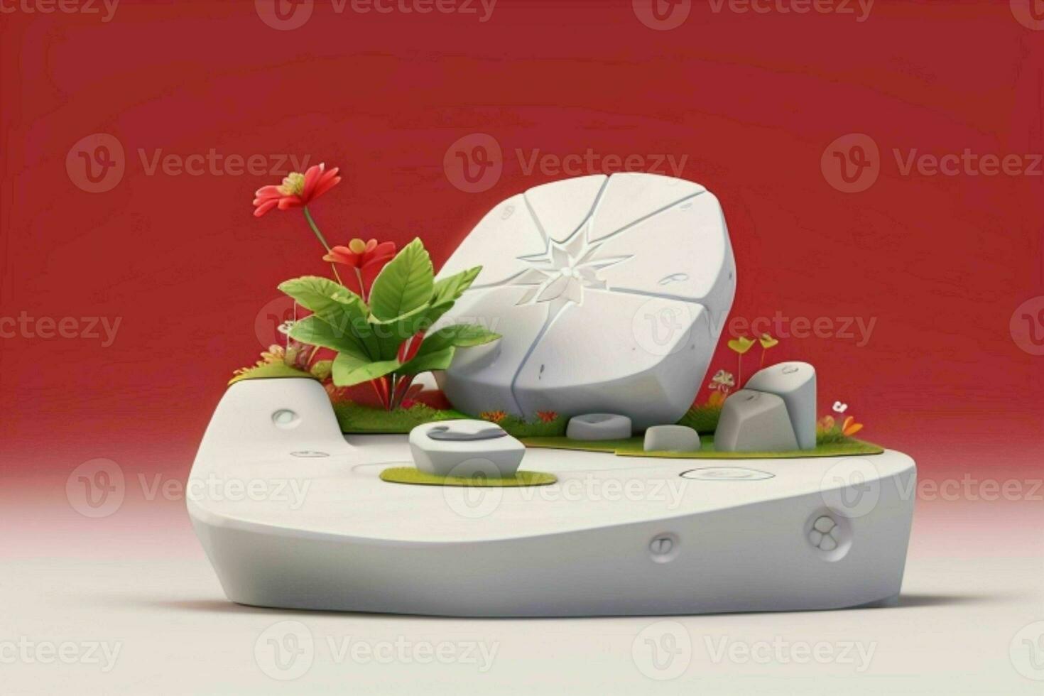 AI generated 3D display podium stone with flowers, green leaves, and rock for Presentation of the product. Pro Photo