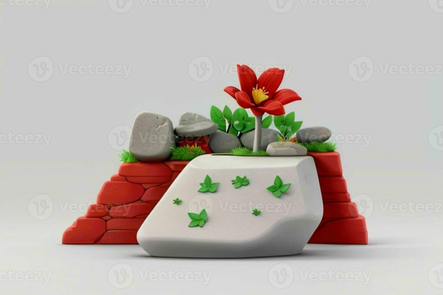 AI generated 3D display podium stone with flowers, green leaves, and rock for Presentation of the product. Pro Photo