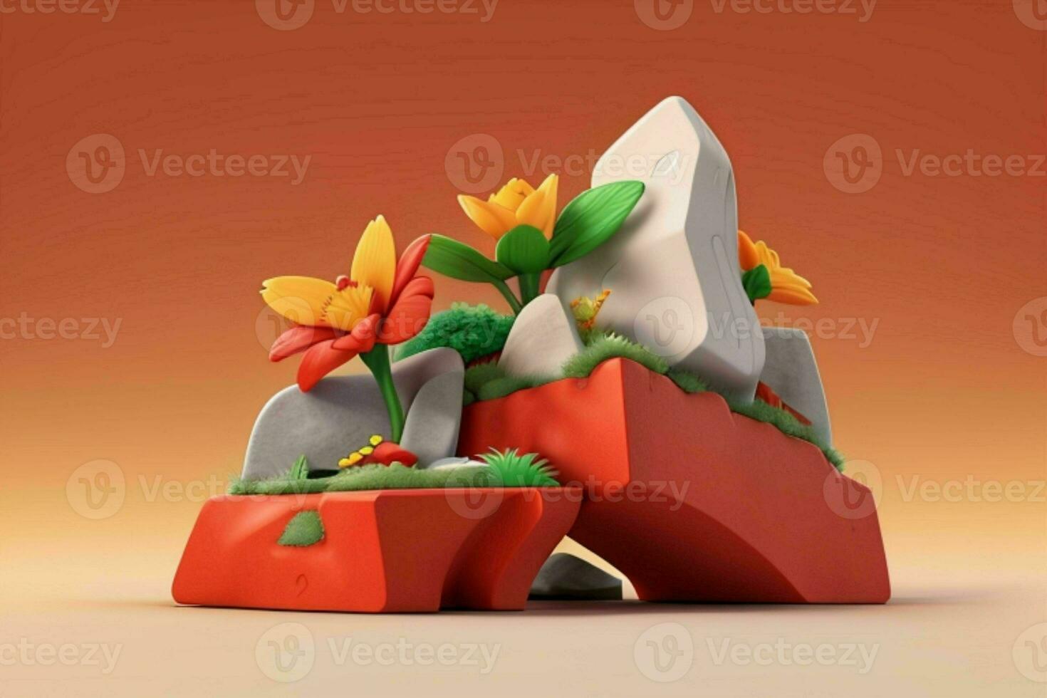 AI generated 3D display podium stone with flowers, green leaves, and rock for Presentation of the product. Pro Photo